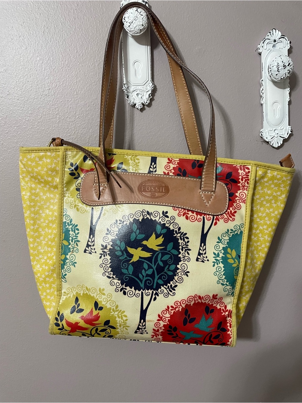Fossil Yellow Multicolor Tree & Bird Canvas Tote with Tan Leather Trim